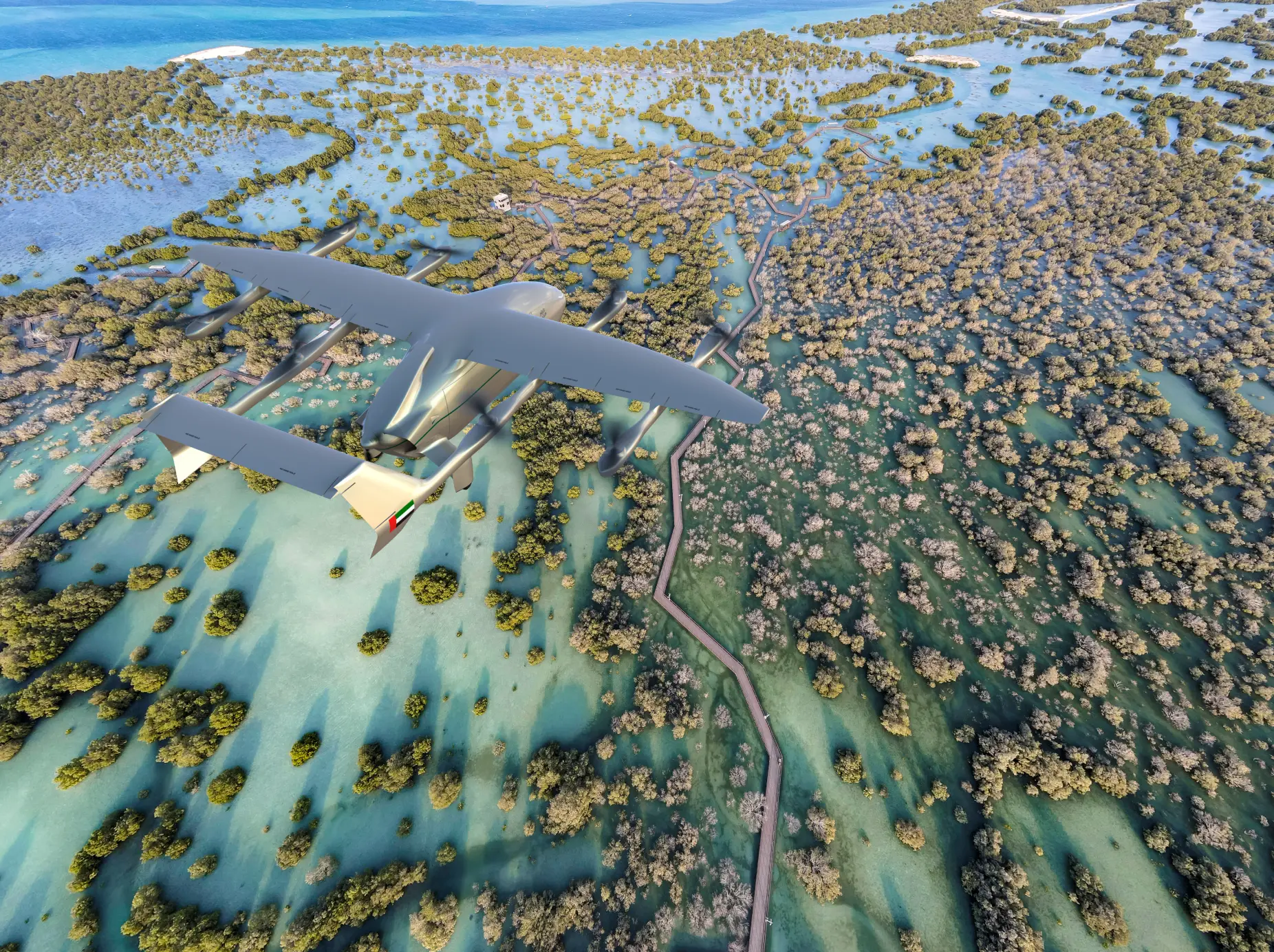 LODD autonomous cargo drone flying over UAE mangroves and coastline