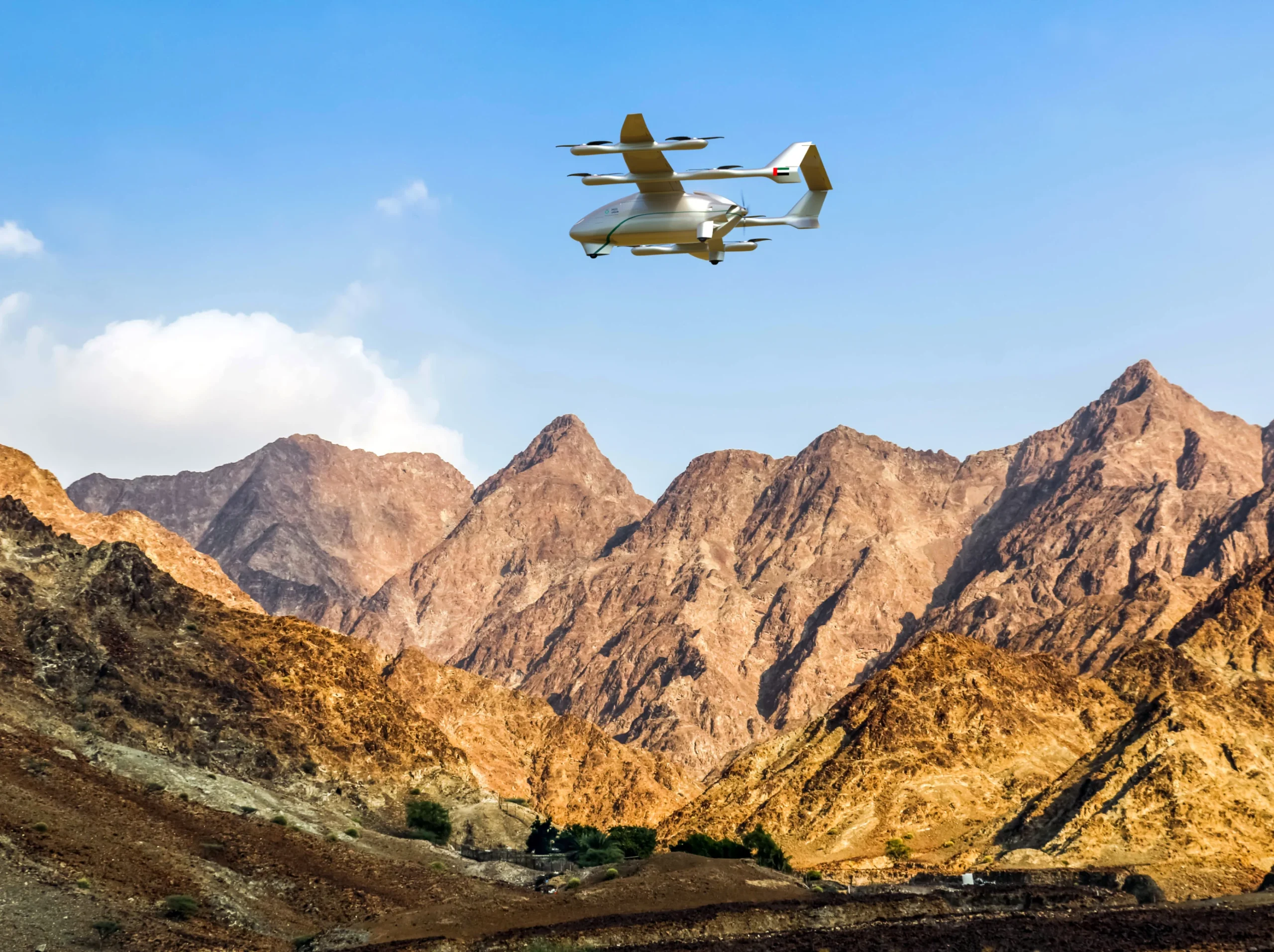LODD autonomous hybrid VTOL drone in flight above UAE mountains